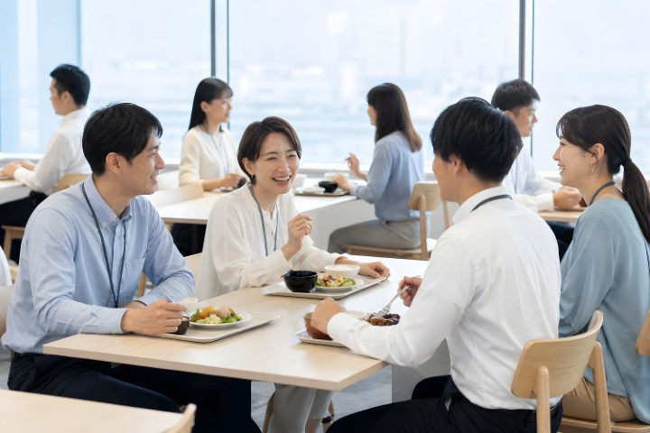 職場の食堂で昼食をとる従業員